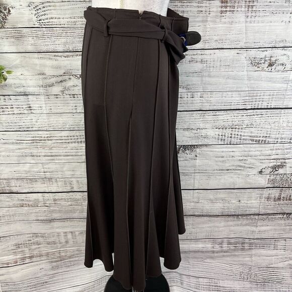 Insight Skirt size 2 Chocolate Brown Flared Midi Belt Stretch Modest Career Slim - Picture 7 of 10